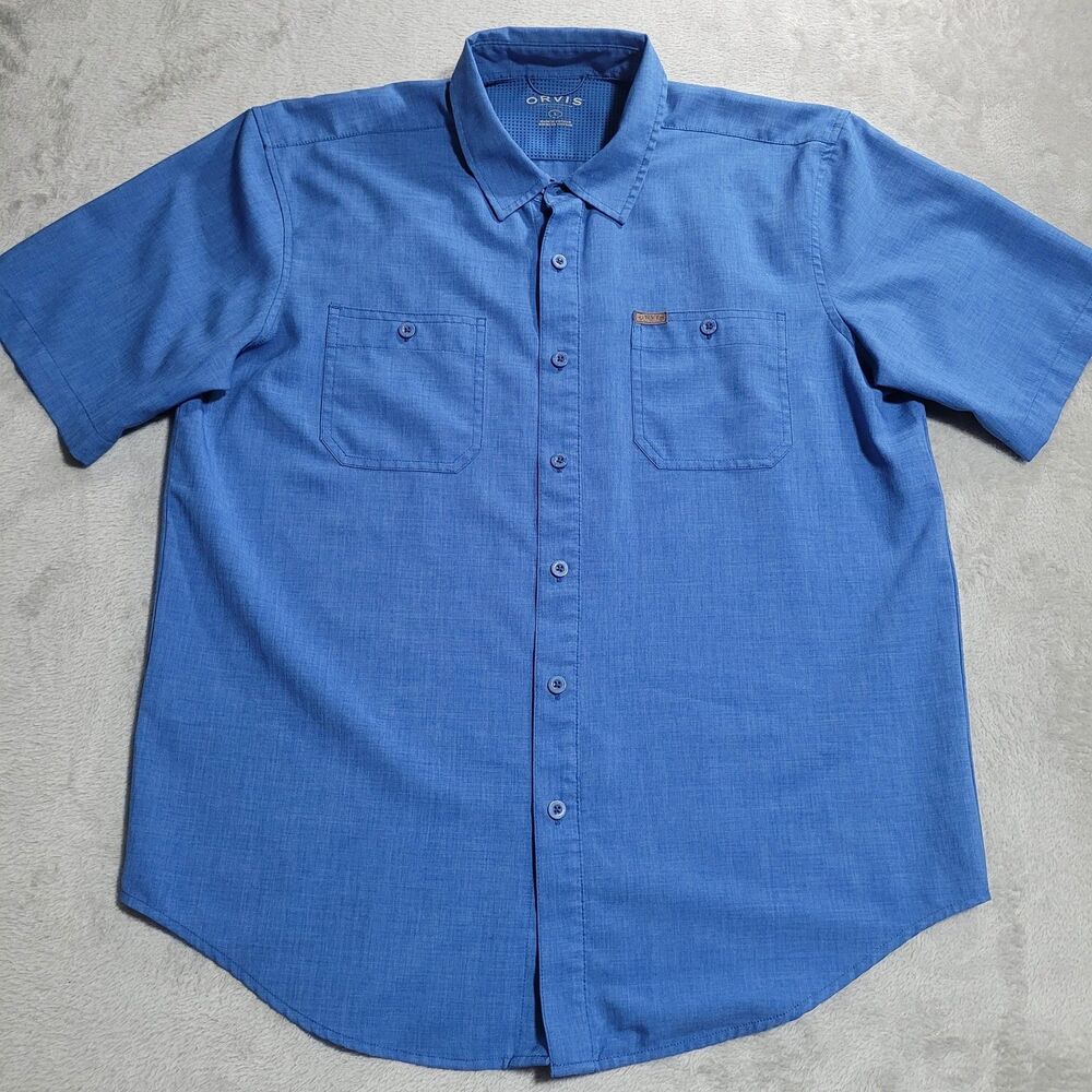 Orvis Shirt Mens Large Blue Short Sleeve Button Up Classic Fit Polyester Casual